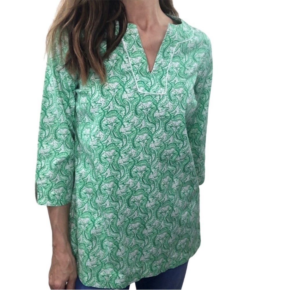 Vineyard Vines Dreamboat Tunic Women’s Sz Small Green White Seahorse Coastal